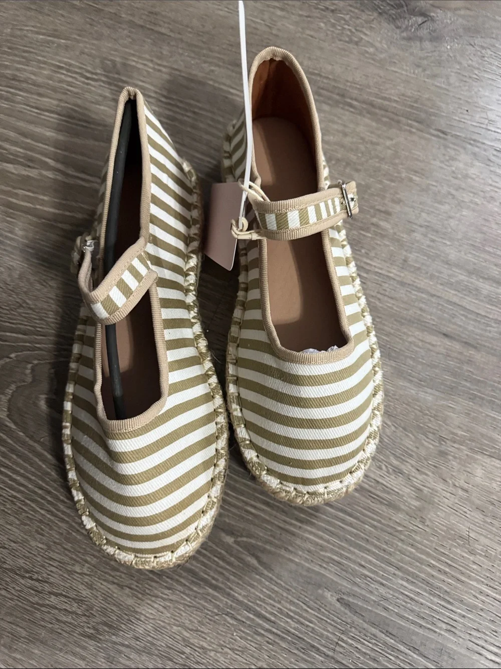 Striped Mary Jane Espadrille Flats in Beige and White